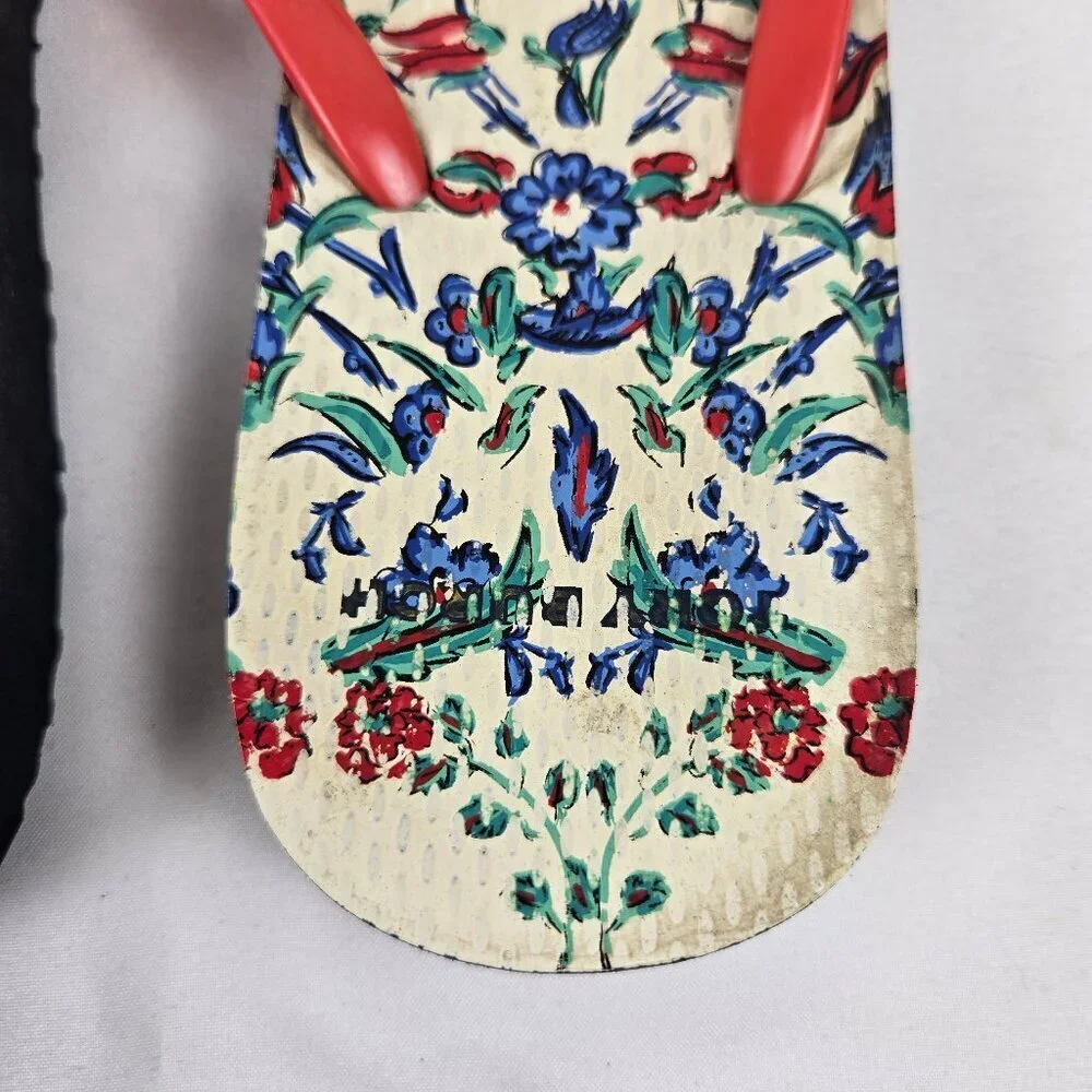 Tory Burch Size 8.5 Red Thong Flip Flop Sandals Floral Footbed Rubber